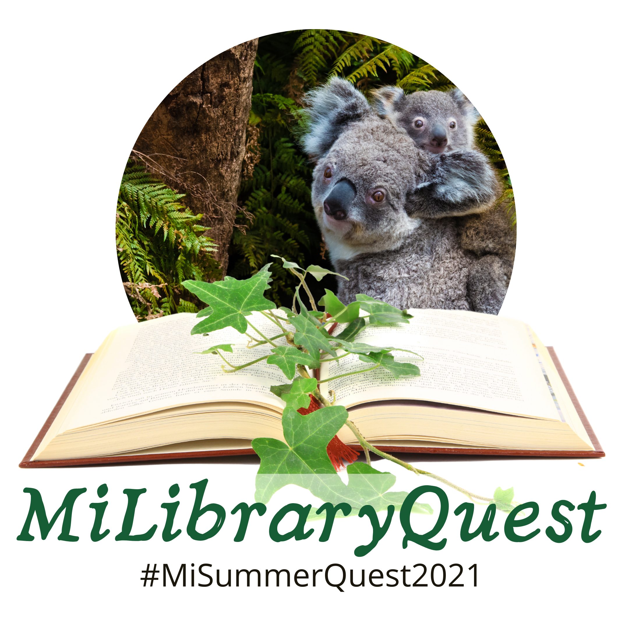 MiLibraryQuest logo with koalas, an open book, and the text #MiLibraryQuest2021 